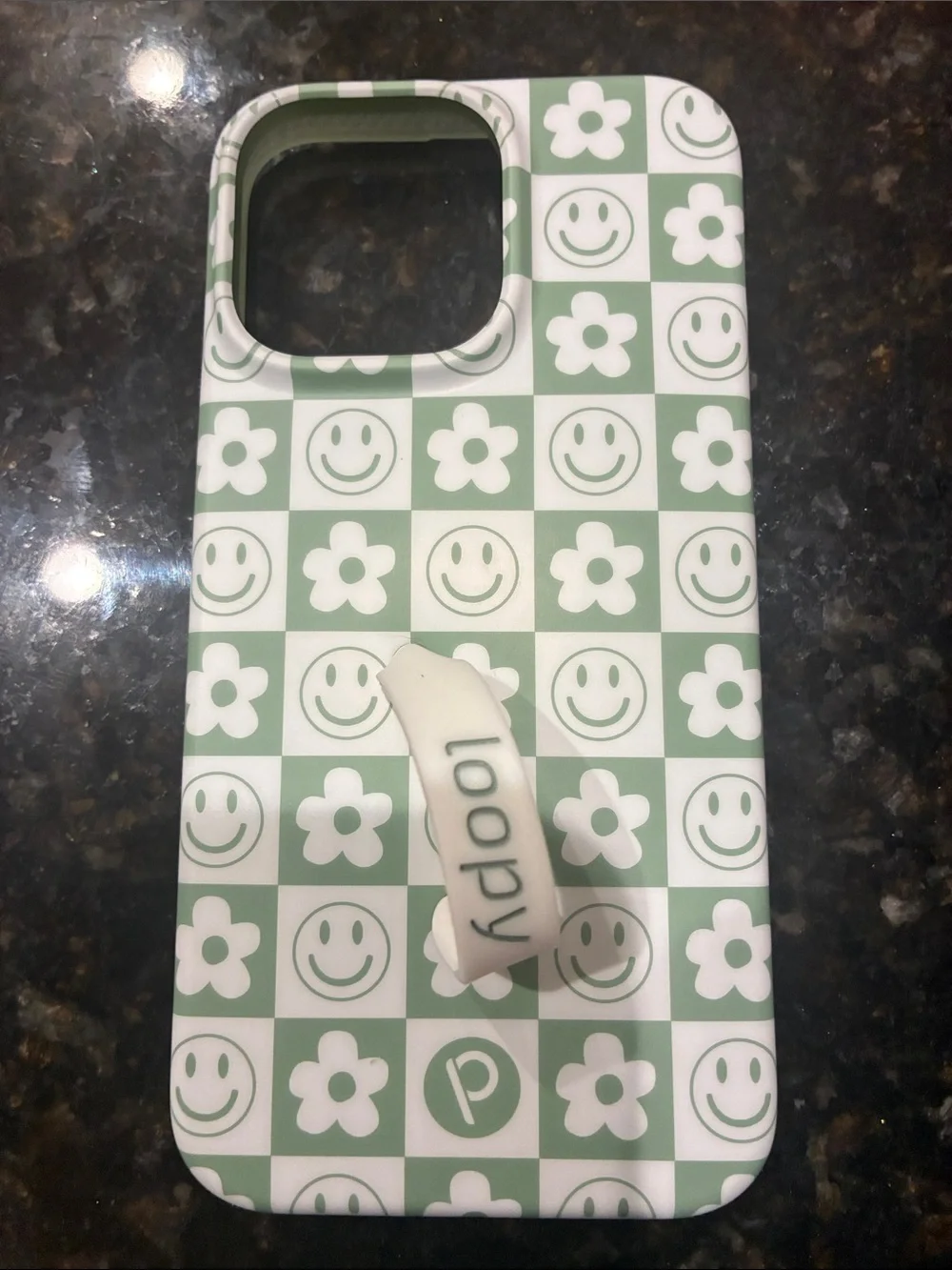 Loopy Green & White Smiley Flower Checkered iPhone 14 Pro Max Case with Loop
